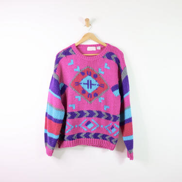 Vintage 80's Lerner Hot Pink Aztec Tribal Sweater, Size Large 