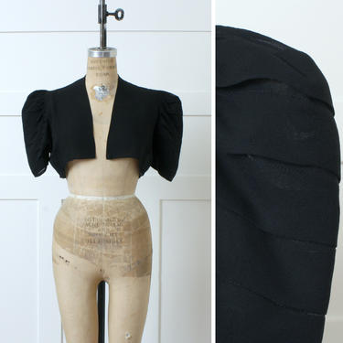 vintage 1930s bolero jacket • dramatic shoulders sheer black chiffon with layered puff sleeves 