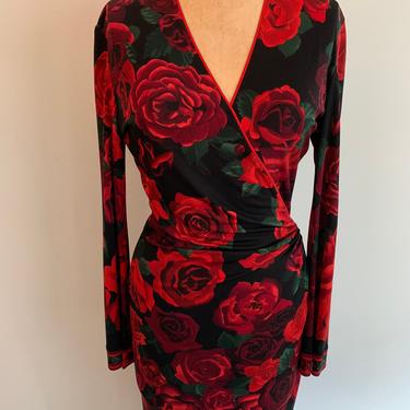 Leonard Rose print faux wrap ruched dress 1990s 