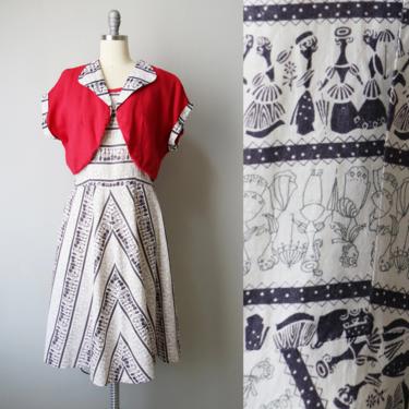 1950s Dress Novelty Print Cotton Bolero Full Skirt L 
