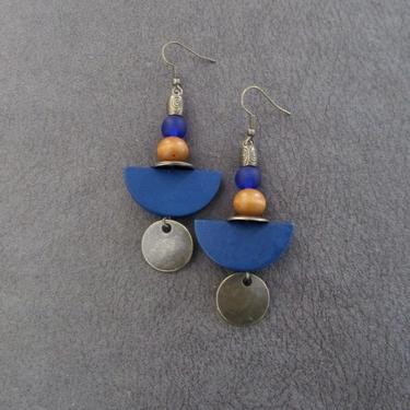 Blue wood earrings, Afrocentric earrings, African earrings, bold earrings, statement earrings, geometric earrings, rustic bronze earrings 2 