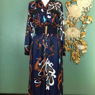 1970s shirtwaist, vintage 70s dress, abstract print, navy blue, button up, full skirt, slinky, epaulettes, medium, long sleeve, asian, 28 