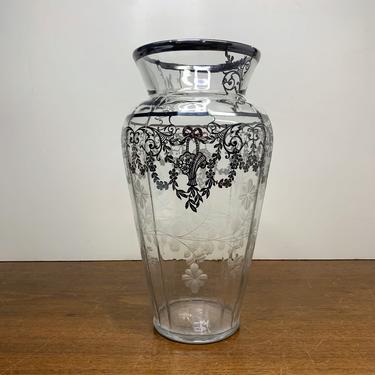 Vintage Sterling Silver Overlay Floral Etched Glass Vase Bouquet Basket Bow 