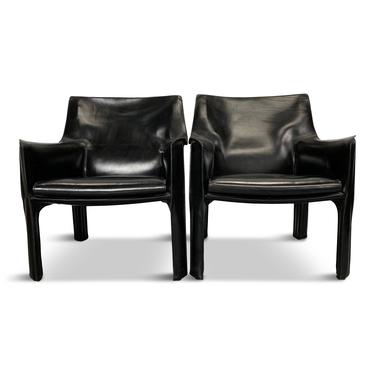 Cassina Cab Chairs by Mario Bellini in Black Leather, a Pair Midcentury