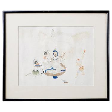 Chinese Framed Water Color of a Man and Woman by ErinLaneEstate