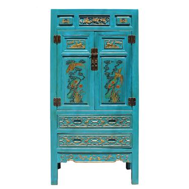 Chinese Fujian Blue Golden Carving Graphic Armoire Storage Cabinet cs5178S