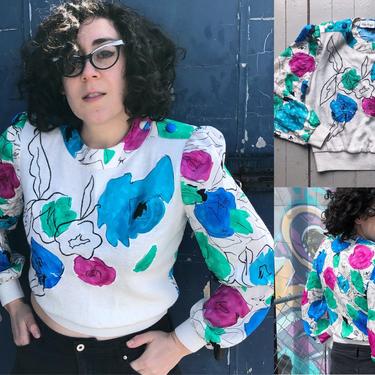 1980s Vintage Bright Abstract Floral Top by Philippe Marques - White, Pink, Turquoise, and Green Pullover Style - Women’s Small/Medium by HighEnergyVintage