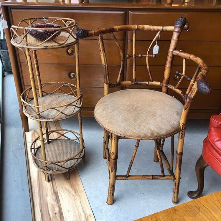                   Totally unique victorian rattan corner chair $110, rattan plant stand $30