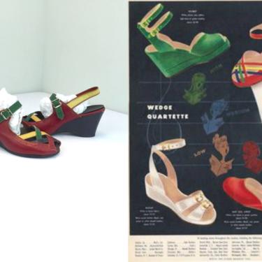 Neapolitan Adventures - Vintage 1940s Prime Colour Leather Wedge Sandal Heels Shoes - 7.5/8 