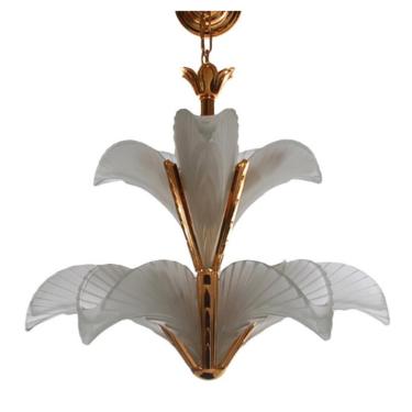 Brass and Frosted Glass Hollywood Regency Art Deco Slip Shade Chandelier