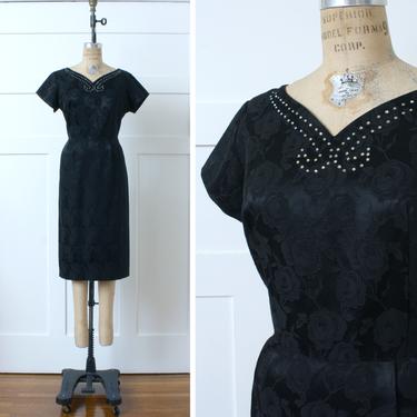 vintage early 1960s cocktail dress • elegantly tailored black rose brocade & rhinestone dress 