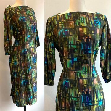 Beautiful Vintage Mid-Century ABSTRACT PAINTING Dress / Sheath Shift Style / Large 