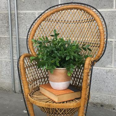 Vintage Plant Stand Retro 1980s Bohemian + Mini Peacock Chair + Tan and Black + Woven Straw + Doll or Display Chair + Boho Home Decor 