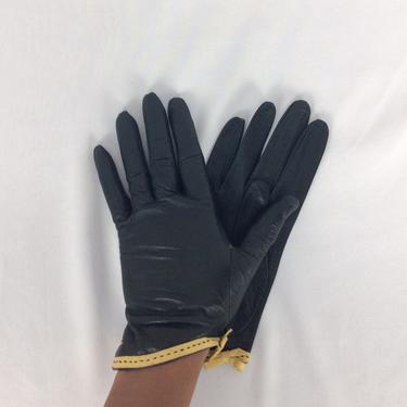 Vintage 50s Gloves | Vintage black yellow leather gloves | 1950s dead stock French gloves 