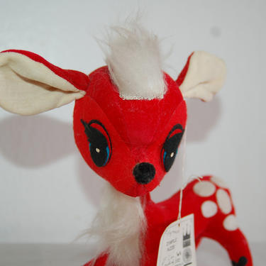 Vtg Christmas Red, sawdust stuffed, Plush Velveteen 1967 Kamar &amp;quot;Dimple&amp;quot; Big Eyed Christmas Chihuahua # 2220 w a White Fur Mohawk and Chest 