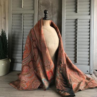 19th C Wool Paisley Shawl,  Blanket Scarf, Paisley Wrap, Piano Shawl, Throw Classic Traditional Design Finely Woven Antique 