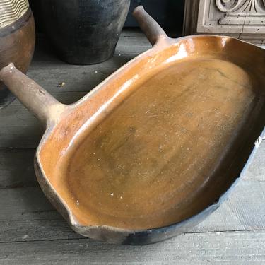 French Provencal Cookware, Glazed Earthenware Hearth Drip Tray, Terracotta Pottery, Two Handles, Roasting Platter, French Farmhouse 