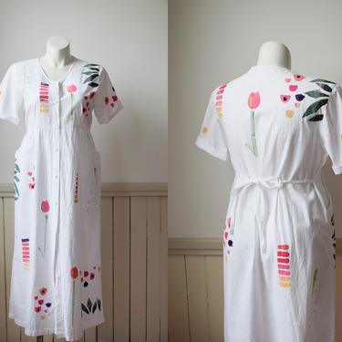 1980s Play Alegre Hand Painted Maxi Dress | Vintage White Cotton Button Down Dress with Hand Printed Floral Design | L/XL 