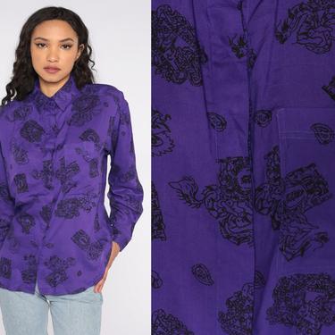 Dragon Print Button Up Shirt 80s Abstract Purple Print Blouse Rayon Oversized Boho Grunge 1980s 90s Blouse Hipster Long Sleeve Small S 