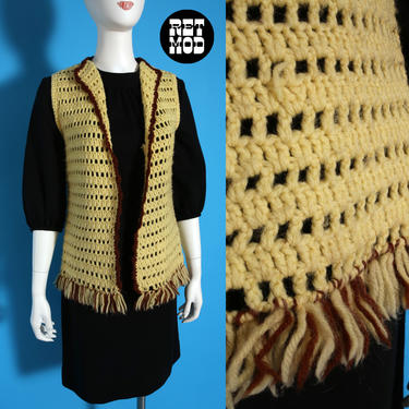 Chunky Vintage 60s 70s Mustard Cream &amp; Brown Crochet Long Vest 