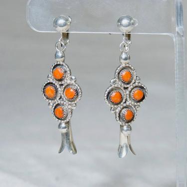 Vintage Signed B Natewa Zuni Snake Eye Coral Squash Blossom Dangle Earrings, Native American Sterling Silver Clip-On Earrings 