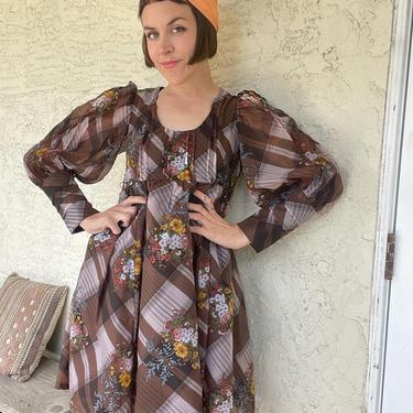 Handmade 70s geometric brown floral mini baby doll dress with tiered bishop sleeves 