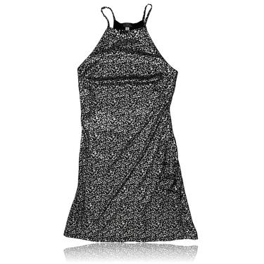 90s Black Silver Metallic Pixels  Mini Dress // A-Line High Neck Halter // Hot Kiss // Size Small 