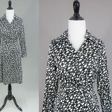 70s Raindrop Dress - Black with White Rain Drops - Jerrie Lurie - Vintage 1970s - S M 