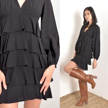 Vintage 1970s Dress / 70s Young Edwardian Ruffled Mini Dress / Black ( XS S ) 
