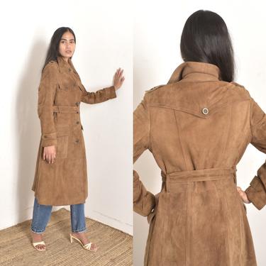 Vintage 1970s Coat / 70s Soft Suede Belted Trench Coat / Brown ( S M ) 