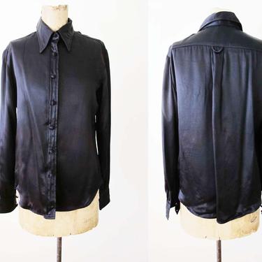 Vintage Black Satin Long Sleeve Shirt Small - 1970s Ellen Tracy Blouse -  Silky Shiny Satin Button Up - Disco Top 