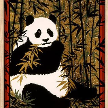 Giant Panda ~ from Felice Regan “Endangered Species’ series 1982 ~ Gold Wooden Faux Bamboo Frame 