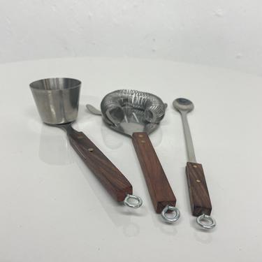 1960s Japanese Modern Fancy Cocktail Bar Tool Set Stainless Steel & Rosewood 