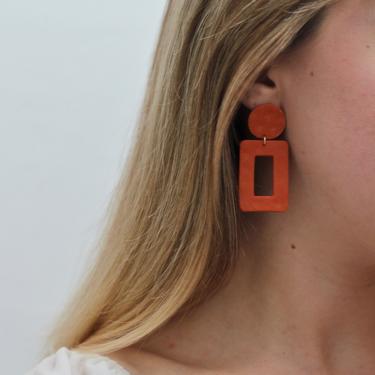 Simple Burnt Orange Geometric Earrings / Polymer Clay Statement Earrings / Minimal Modern Design / Textured Rust Rectangle Square 