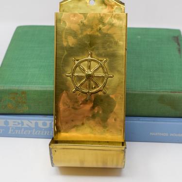 Vintage Brass Matchstick Holder for Fireplace - Adorned with a Nautical Wheel 