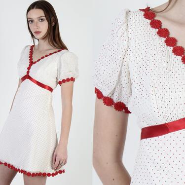 Vintage 60s White Smocked Dress / 1960s Mod Red Swiss Dot Deep V Dress / Red Floral Crochet Lace Tiny Polka Dot Spring Mini Dress 