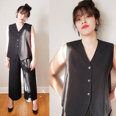 Vintage Minimalist Black Wool Pant Suit Hino Malee / Designer Sleeveless Top and Matching Wide Legged Pants Set Summer Office 