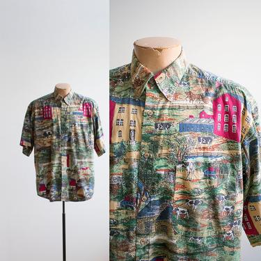 Vintage All Over Print Button Down / Farm Scene Shirt / Vintage Cow Print Shirt / Mens Tango Button Up / Mens Large Shirt / 1990s Menswear 