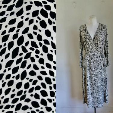 Vintage 1990s Black &amp; White Printed Wrap Dress / XL 