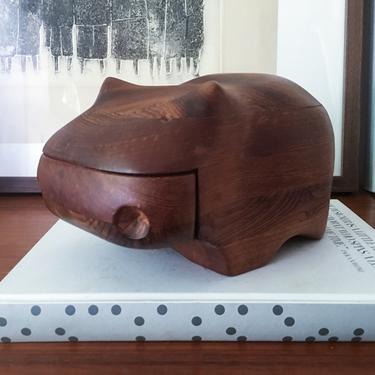 Staved Figural Hippo Box by Deborah Bump Teak Danish Mid Century Vintage Jewelry Rings 