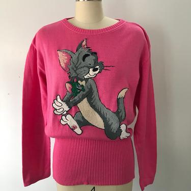 80s CASTELBAJAC J C for ICEBERG Tom &amp; Jerry applique neon pink sweater top vintage 1980s 42 8 