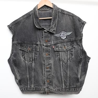 vintage LEVI'S cut off vest HARLEY DAVIDSON patch boxy denim jean coat Black denim -- size large 