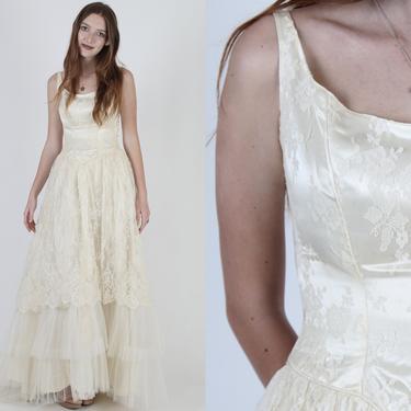 Vintage 50s Emma Domb Dress / 1950s Wedding Day Gown / Floor Length Ivory Satin Dress / Plain Lace Tiered Train Maxi Dress XS 