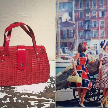 Could She Handle Choices - Vintage 1950s 1960s Lipstick Red Vinyl Wicker Straw Barrel Handbag Purse 