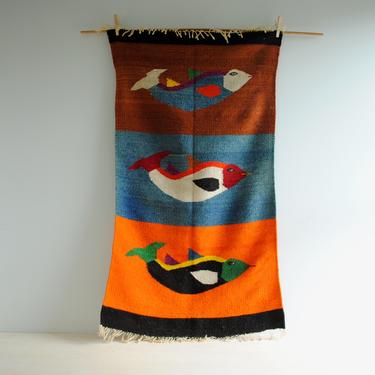 Vintage Mid Century Fish Weaving Textile from Ecuador, Colorful Handwoven Wool Fish Rug or or Wall Hanging 