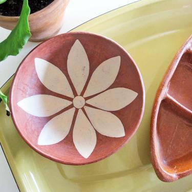 Vintage Mexican Terracotta Bowl with White Flower - Small Clay Kitchen Bowl - Bohemian Rustic Kitchen 