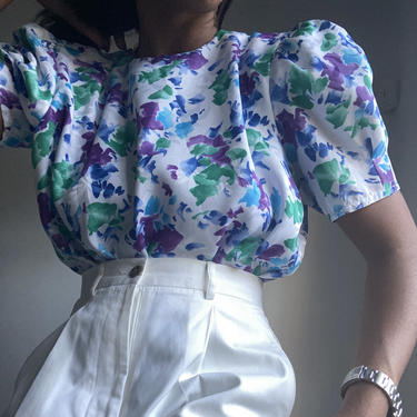 vintage abstract floral silky puff sleeve statement princess cut blouse 