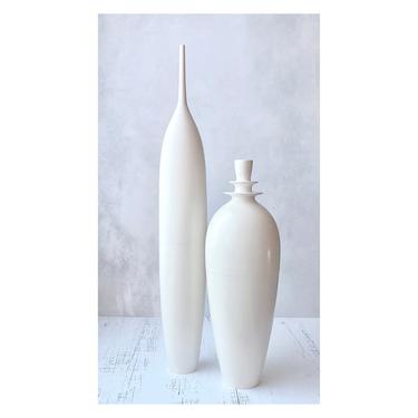 SECONDS SALE- Ships Now- set of 2 Tall Slim Ceramic Bottle Vases in Warm Off White Satin Matte Glaze by Sara Paloma Pottery white floor vase 