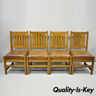 4 Antique Mission Oak Arts &amp; Crafts Stickley Style Dining Chairs Leather Seats