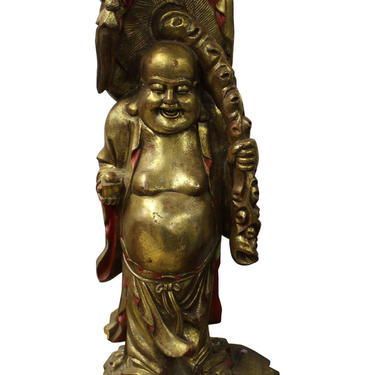 Wood Craved Standing Happy Buddha Painted Gold Color Holding Lotus And Money n194E 